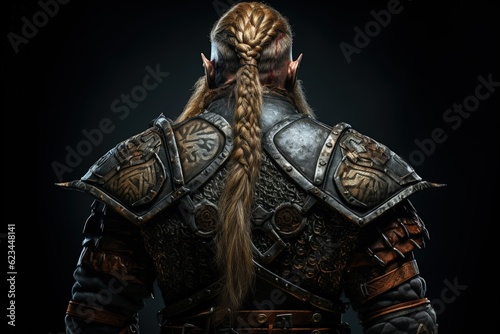 Viking warrior from the back with detailed armor, black background. Generative AI