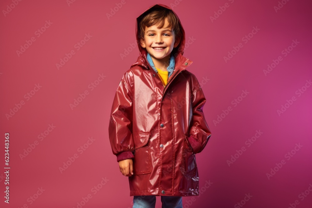 Full-length portrait photography of a beautiful kid male wearing a vibrant raincoat against a burgundy red background. With generative AI technology Full-length portrait photography of a beautiful kid male wearing a vibrant raincoat against a burgundy red background. With generative AI technology