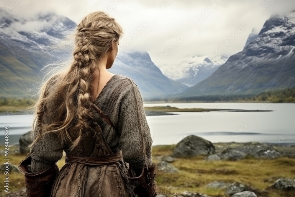 Viking warrior woman from the back, Nordic landscape in the background. Generative AI
