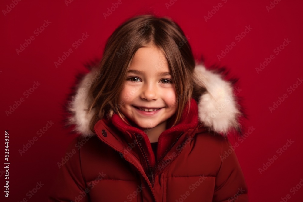 Medium shot portrait photography of a grinning kid female wearing a cozy winter coat against a burgundy red background. With generative AI technology Medium shot portrait photography of a grinning kid female wearing a cozy winter coat against a burgundy red background. With generative AI technology