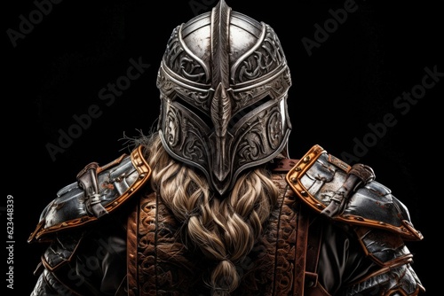 Viking warrior from the back with detailed armor, black background. Generative AI