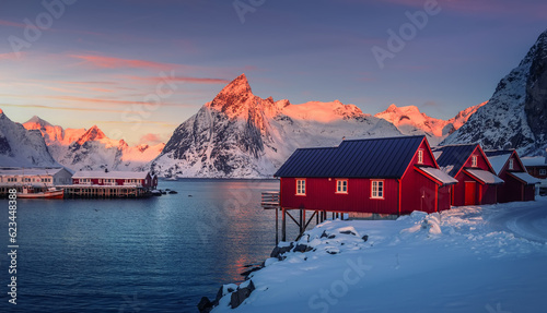 Scenic photo of winter fishing village at sunset. Stunning nature background. Picturesque Scenery of Reinefjord one most popular place of Lofoten islands with colorful sky. Norway. ideal resting place photo