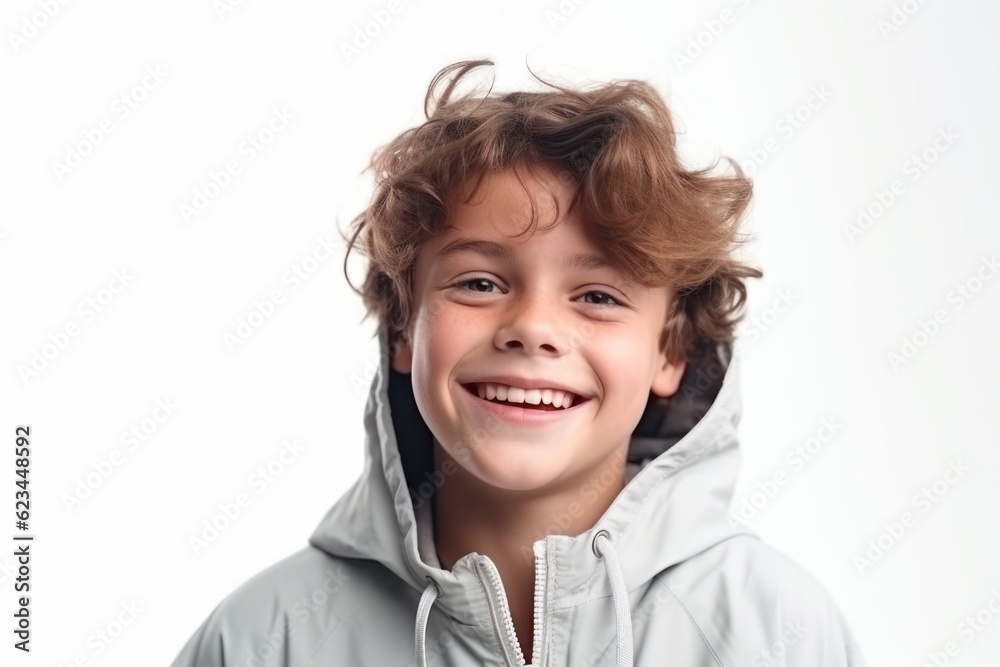 Medium shot portrait photography of a grinning boy in his 30s wearing a stylish hoodie against a pearl white background. With generative AI technology Medium shot portrait photography of a grinning boy in his 30s wearing a stylish hoodie against a pearl white background. With generative AI technology