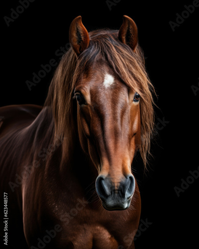Generated photorealistic image of a red horse on a black background
