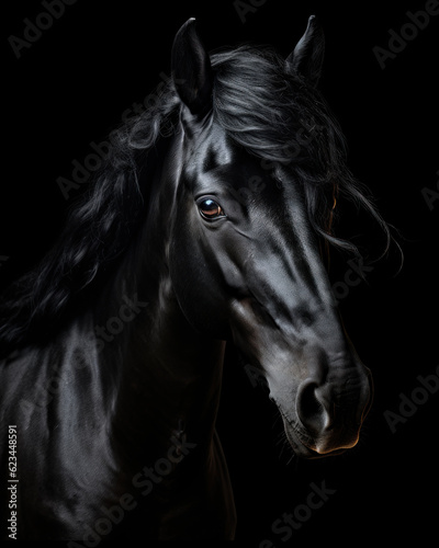Generated photorealistic portrait of a Friesian black horse