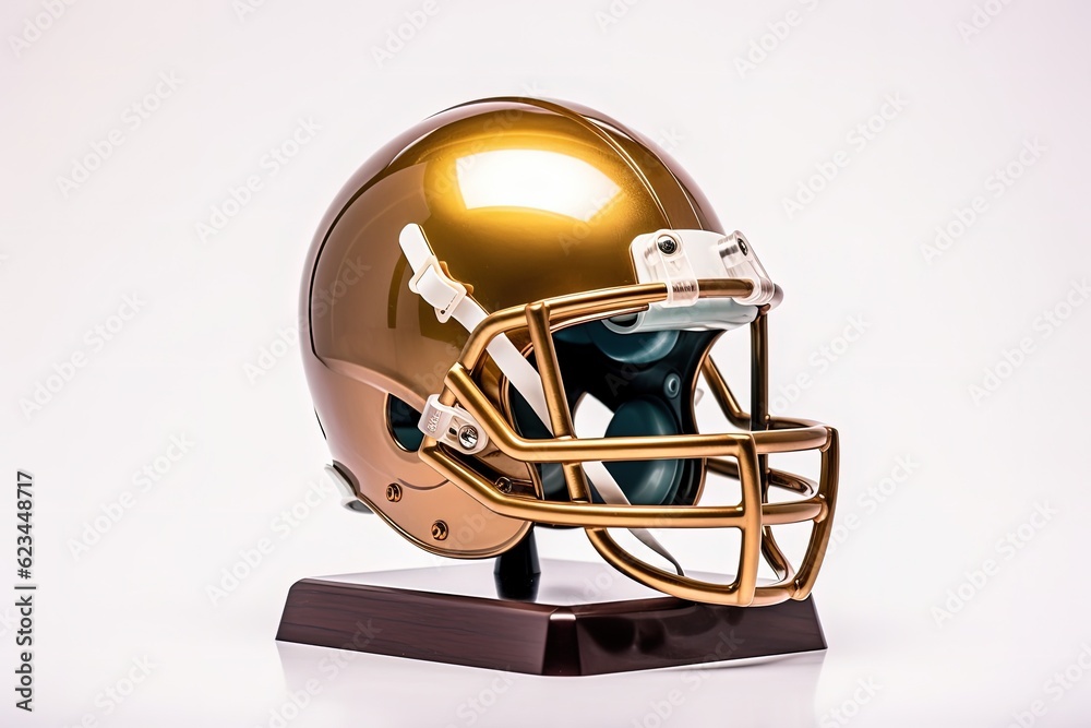 Fototapeta premium Golden trophy with American football helmet, white background. Generative AI