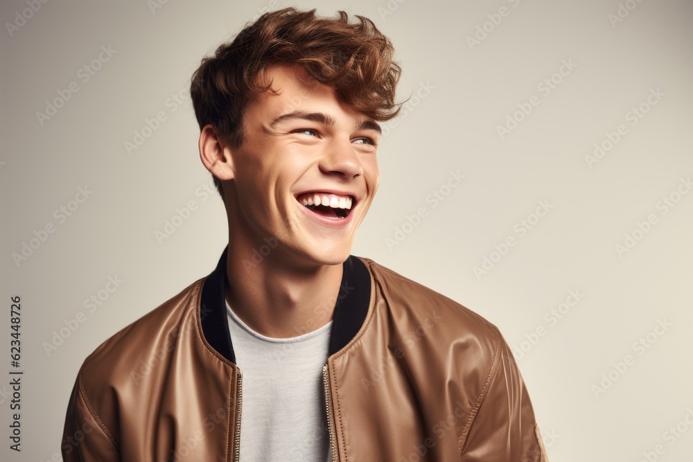 Lifestyle portrait photography of a happy boy in his 20s wearing a sleek bomber jacket against a pearl white background. With generative AI technology Lifestyle portrait photography of a happy boy in his 20s wearing a sleek bomber jacket against a pearl white background. With generative AI technology