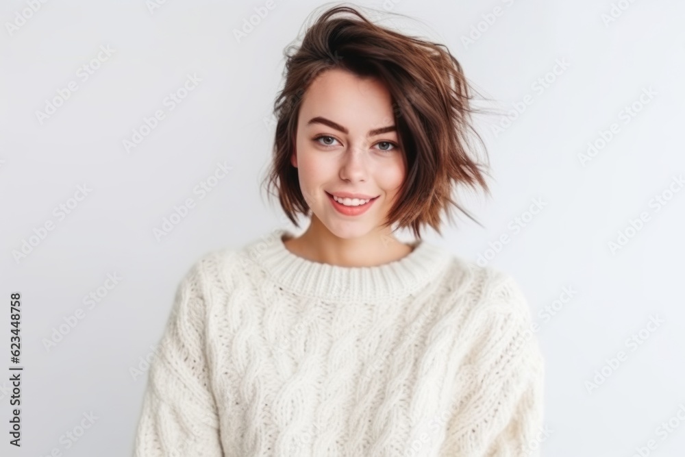 Medium shot portrait photography of a beautiful girl in her 20s wearing a cozy sweater against a pearl white background. With generative AI technology Medium shot portrait photography of a beautiful girl in her 20s wearing a cozy sweater against a pearl white background. With generative AI technology