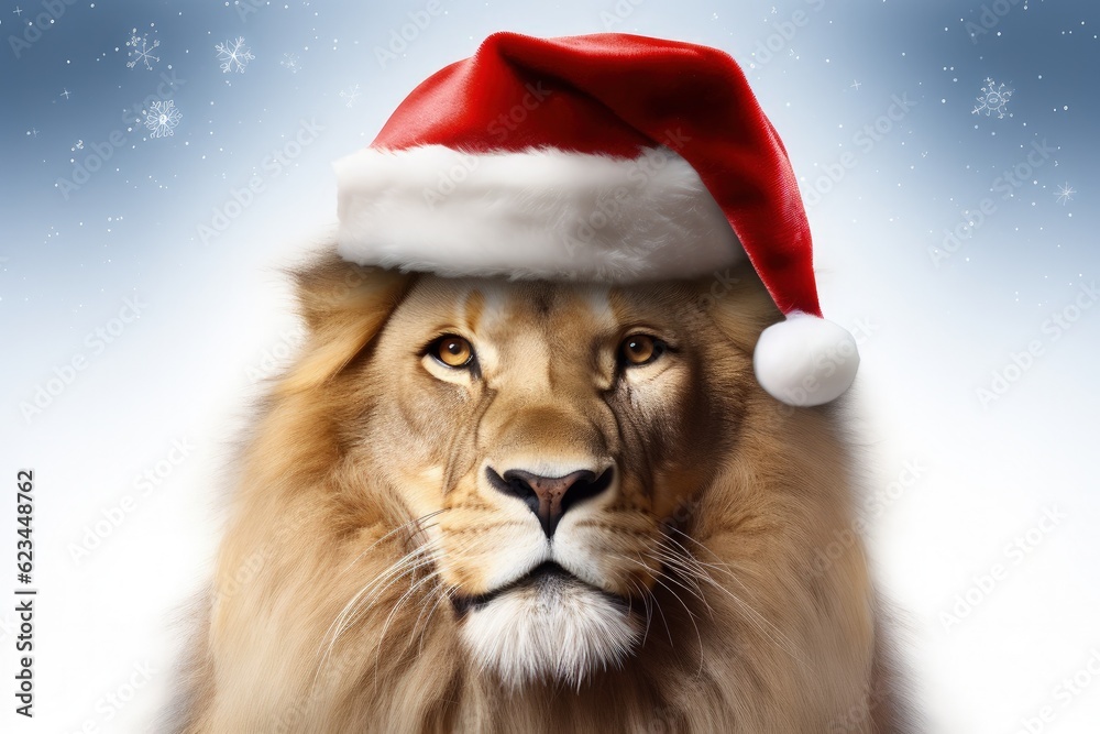 Lion with Santa hat, christmas concept. Generative AI