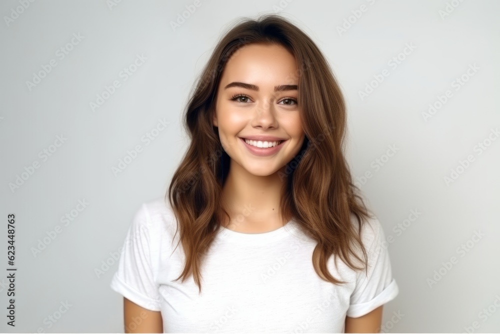 Medium shot portrait photography of a glad girl in her 20s wearing a casual t-shirt against a pearl white background. With generative AI technology Medium shot portrait photography of a glad girl in her 20s wearing a casual t-shirt against a pearl white background. With generative AI technology