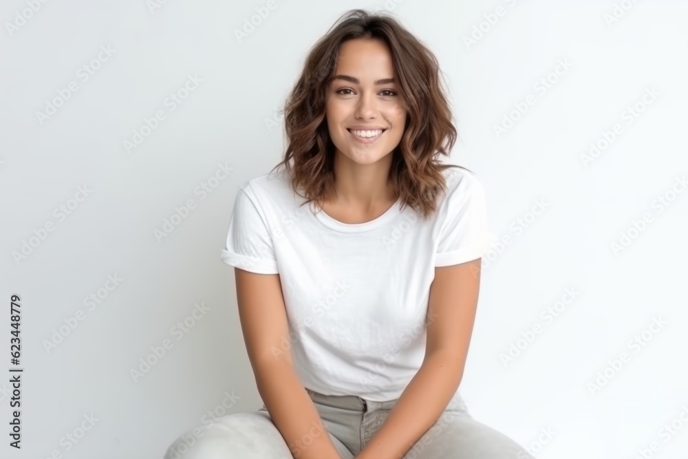 Medium shot portrait photography of a glad girl in her 20s wearing a casual t-shirt against a pearl white background. With generative AI technology Medium shot portrait photography of a glad girl in her 20s wearing a casual t-shirt against a pearl white background. With generative AI technology