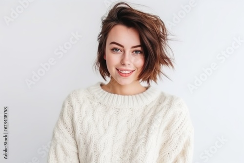 Medium shot portrait photography of a beautiful girl in her 20s wearing a cozy sweater against a pearl white background. With generative AI technology