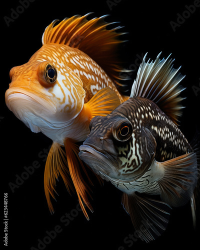 Two tropical fish in black water
