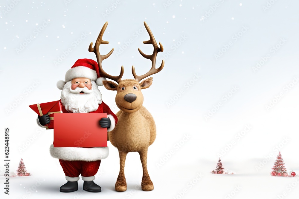 Christmas reindeer holding white card. Generative AI Christmas reindeer holding white card. Generative AI
