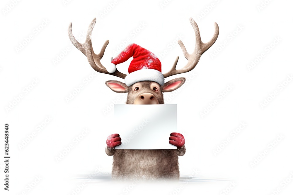 Christmas reindeer holding white card. Generative AI Christmas reindeer holding white card. Generative AI