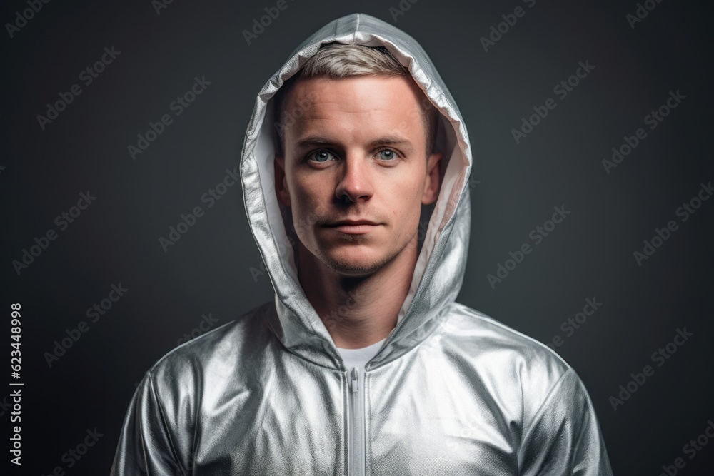 Lifestyle portrait photography of a glad boy in his 30s wearing a comfortable hoodie against a metallic silver background. With generative AI technology Lifestyle portrait photography of a glad boy in his 30s wearing a comfortable hoodie against a metallic silver background. With generative AI technology