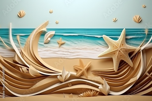 Background with beach, starfish, stars and shells. Generative AI