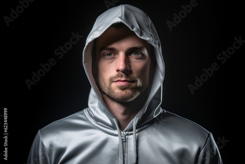Lifestyle portrait photography of a glad boy in his 30s wearing a comfortable hoodie against a metallic silver background. With generative AI technology © Markus Schröder