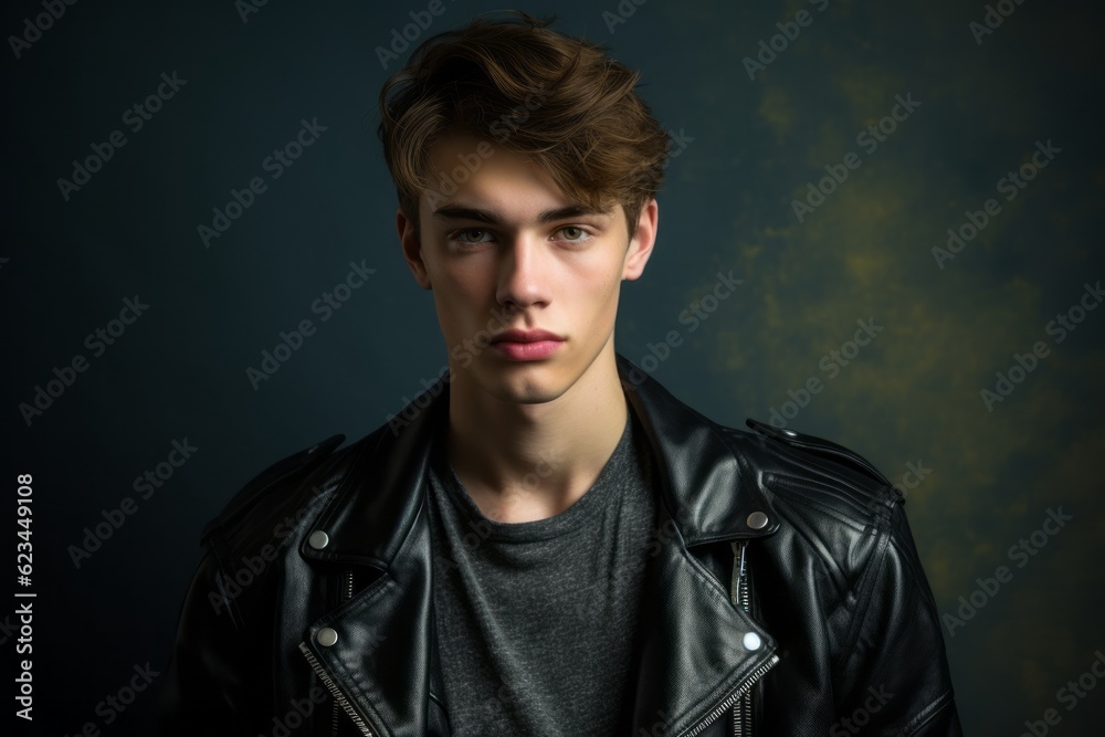 Medium shot portrait photography of a beautiful boy in his 20s wearing a trendy leather jacket against a metallic silver background. With generative AI technology