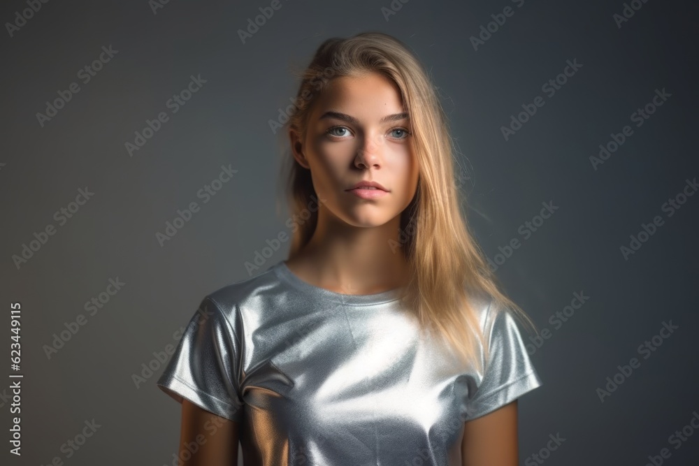 Medium shot portrait photography of a glad girl in her 20s wearing a casual t-shirt against a metallic silver background. With generative AI technology Medium shot portrait photography of a glad girl in her 20s wearing a casual t-shirt against a metallic silver background. With generative AI technology