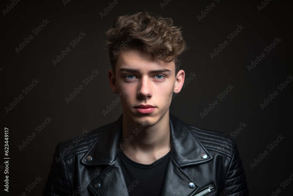 Obraz premium Medium shot portrait photography of a beautiful boy in his 20s wearing a trendy leather jacket against a metallic silver background. With generative AI technology