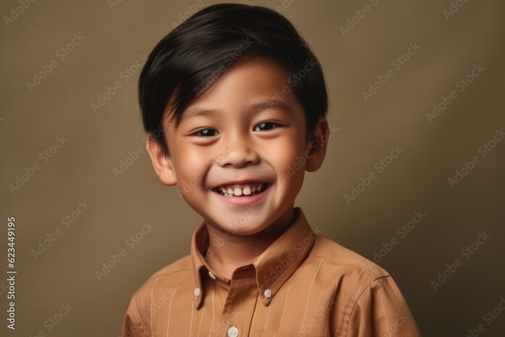 Close-up portrait photography of a joyful kid male wearing a classy button-up shirt against a beige background. With generative AI technology Close-up portrait photography of a joyful kid male wearing a classy button-up shirt against a beige background. With generative AI technology