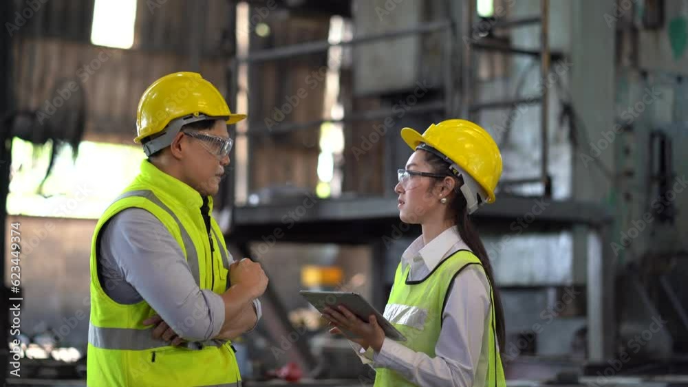 asian industrial Engineer manager man discussion with mechanic worker woman using tablet checking industry manufacturing large factory . two Contractor talking and inspection Construction site asian industrial Engineer manager man discussion with mechanic worker woman using tablet checking industry manufacturing large factory . two Contractor talking and inspection Construction site