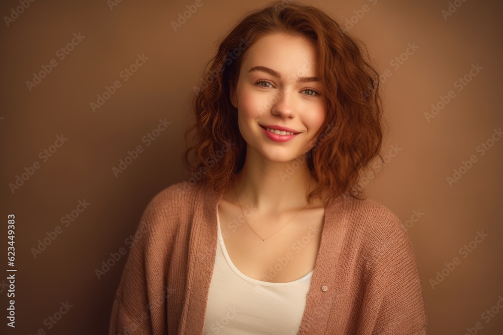 Lifestyle portrait photography of a glad girl in her 20s wearing a chic cardigan against a beige background. With generative AI technology Lifestyle portrait photography of a glad girl in her 20s wearing a chic cardigan against a beige background. With generative AI technology