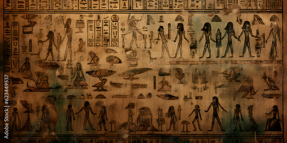Ancient Egyptian drawings and hieroglyphs on the wall in the temple ...