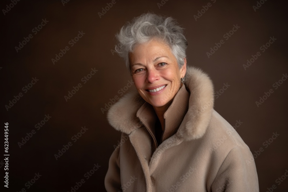 Environmental portrait photography of a glad mature woman wearing a cozy winter coat against a warm taupe background. With generative AI technology Environmental portrait photography of a glad mature woman wearing a cozy winter coat against a warm taupe background. With generative AI technology