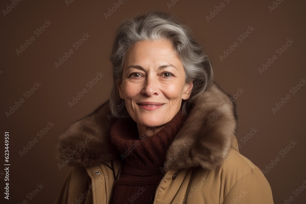 Environmental portrait photography of a glad mature woman wearing a cozy winter coat against a warm taupe background. With generative AI technology Environmental portrait photography of a glad mature woman wearing a cozy winter coat against a warm taupe background. With generative AI technology