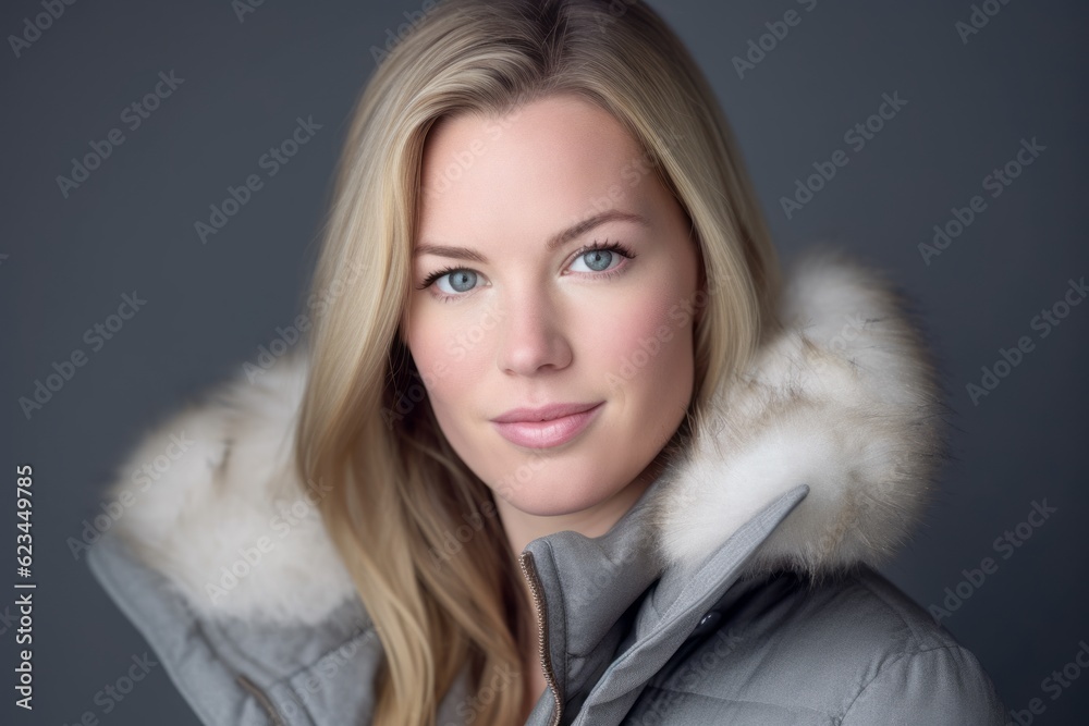 Headshot portrait photography of a satisfied girl in her 30s wearing a cozy winter coat against a cool gray background. With generative AI technology Headshot portrait photography of a satisfied girl in her 30s wearing a cozy winter coat against a cool gray background. With generative AI technology