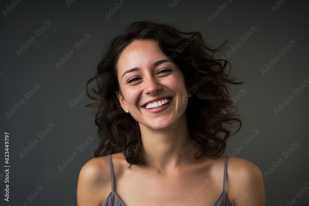 Close-up portrait photography of a grinning girl in her 30s wearing a daring tube top against a cool gray background. With generative AI technology Close-up portrait photography of a grinning girl in her 30s wearing a daring tube top against a cool gray background. With generative AI technology