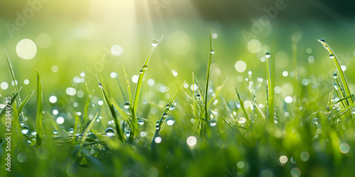Foto Fresh morning dew on grass fresh green grass field in the early morning with morning dew