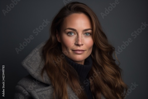 Headshot portrait photography of a satisfied girl in her 30s wearing a cozy winter coat against a cool gray background. With generative AI technology