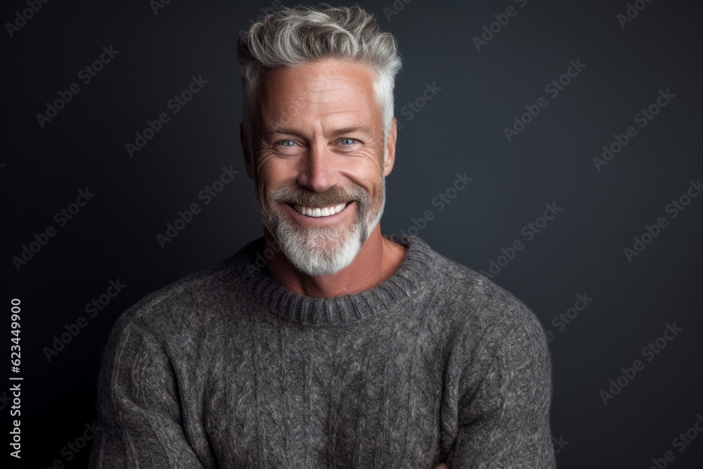 Lifestyle portrait photography of a grinning mature man wearing a cozy sweater against a cool gray background. With generative AI technology