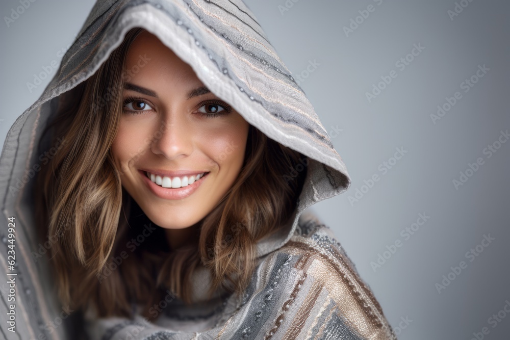 Close-up portrait photography of a happy girl in her 20s wearing a unique poncho against a cool gray background. With generative AI technology Close-up portrait photography of a happy girl in her 20s wearing a unique poncho against a cool gray background. With generative AI technology
