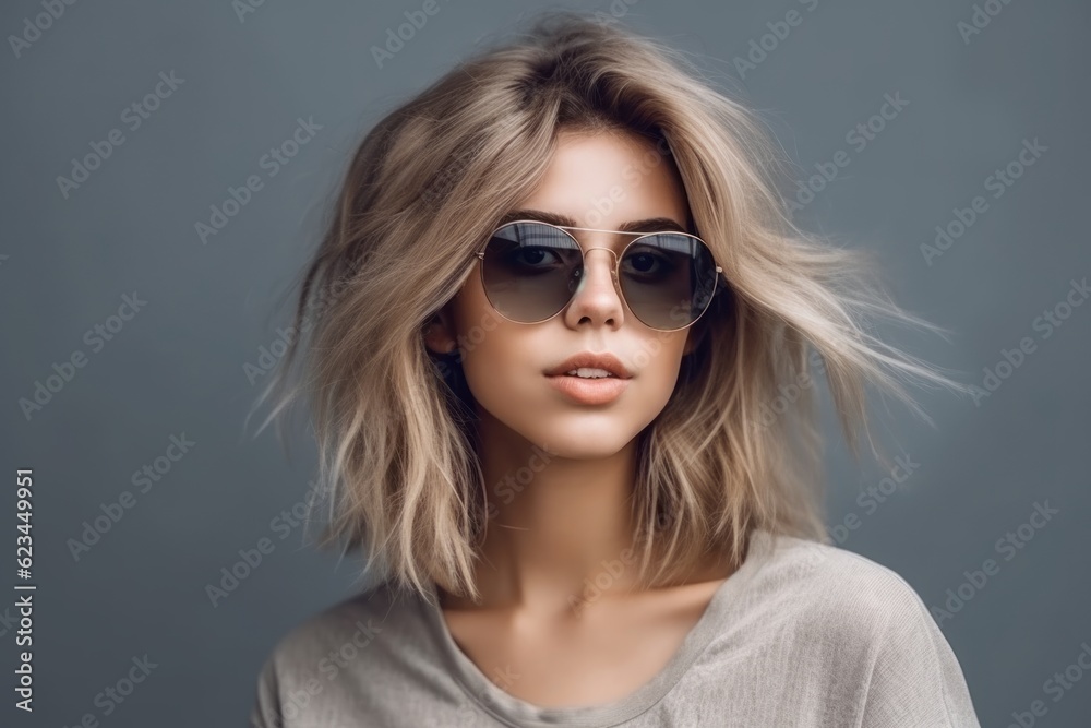 Medium shot portrait photography of a glad girl in her 20s wearing a trendy sunglasses against a cool gray background. With generative AI technology Medium shot portrait photography of a glad girl in her 20s wearing a trendy sunglasses against a cool gray background. With generative AI technology