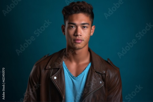 Headshot portrait photography of a glad boy in his 20s wearing a trendy leather jacket against a tropical teal background. With generative AI technology