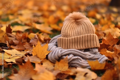 scarft and hat knitted autumnn forest photo