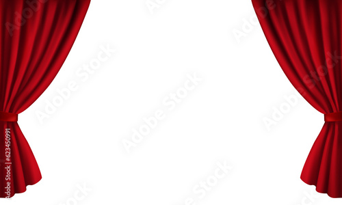 Realistic open theatre red curtain illustration on transparent background