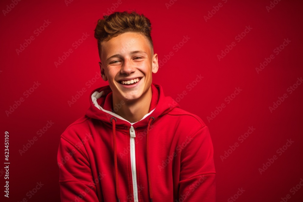 Lifestyle portrait photography of a grinning boy in his 20s wearing a comfortable tracksuit against a ruby red background. With generative AI technology