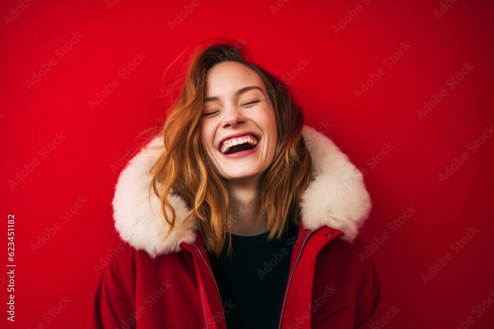 Lifestyle portrait photography of a happy girl in her 20s wearing a cozy winter coat against a ruby red background. With generative AI technology Lifestyle portrait photography of a happy girl in her 20s wearing a cozy winter coat against a ruby red background. With generative AI technology