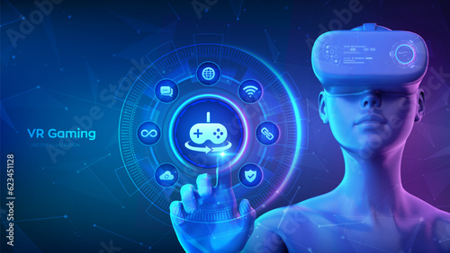 Virtual reality 3D gaming. VR and AR game technology futuristic concept. Girl wearing VR headset glasses touching digital interface with Gaming icon. Metaverse technology. Vector illustration.