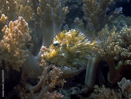 Demersal tropical fish Chaetodermis underwater on algaes background.  elective focus, blurred background photo