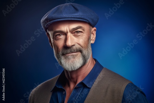 Close-up portrait photography of a beautiful mature man wearing a cool cap against a sapphire blue background. With generative AI technology