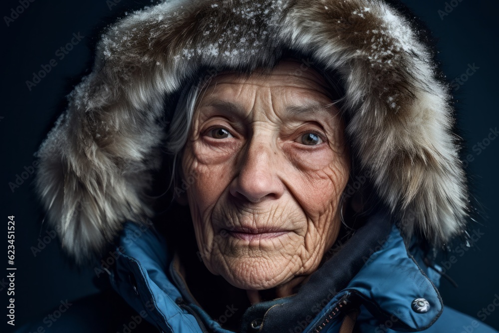 Close-up portrait photography of a glad old woman wearing a durable parka against a sapphire blue background. With generative AI technology Close-up portrait photography of a glad old woman wearing a durable parka against a sapphire blue background. With generative AI technology