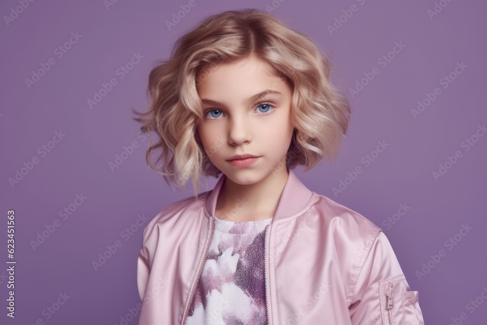 Medium shot portrait photography of a tender kid female wearing a sleek bomber jacket against a lilac purple background. With generative AI technology Medium shot portrait photography of a tender kid female wearing a sleek bomber jacket against a lilac purple background. With generative AI technology