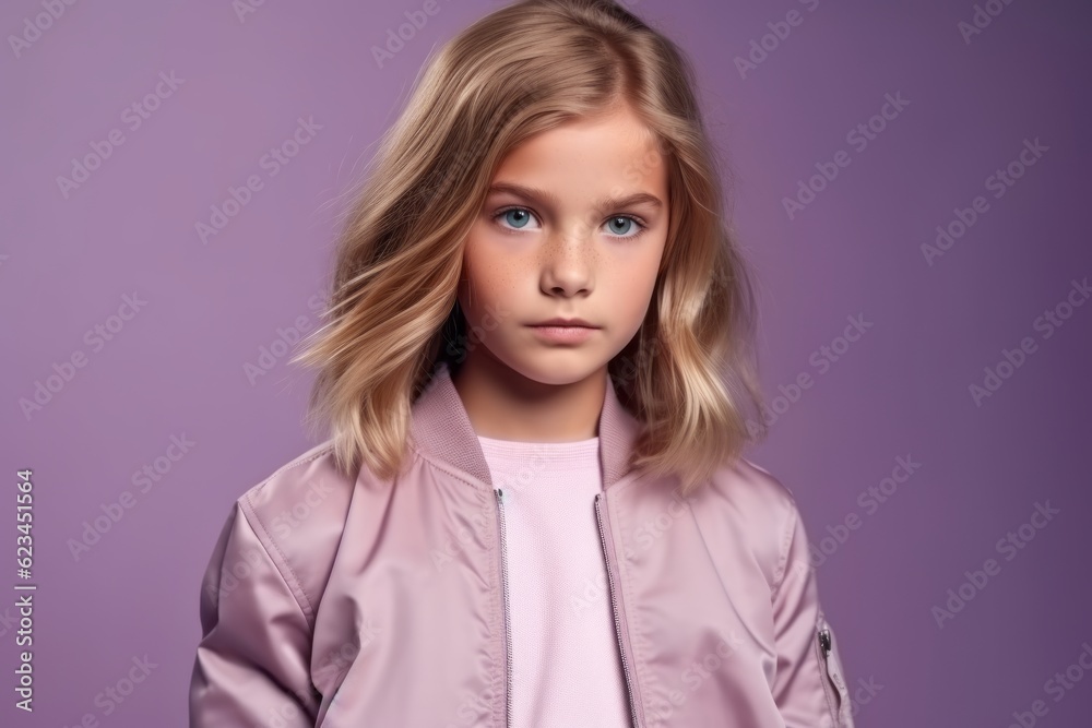 Medium shot portrait photography of a tender kid female wearing a sleek bomber jacket against a lilac purple background. With generative AI technology Medium shot portrait photography of a tender kid female wearing a sleek bomber jacket against a lilac purple background. With generative AI technology