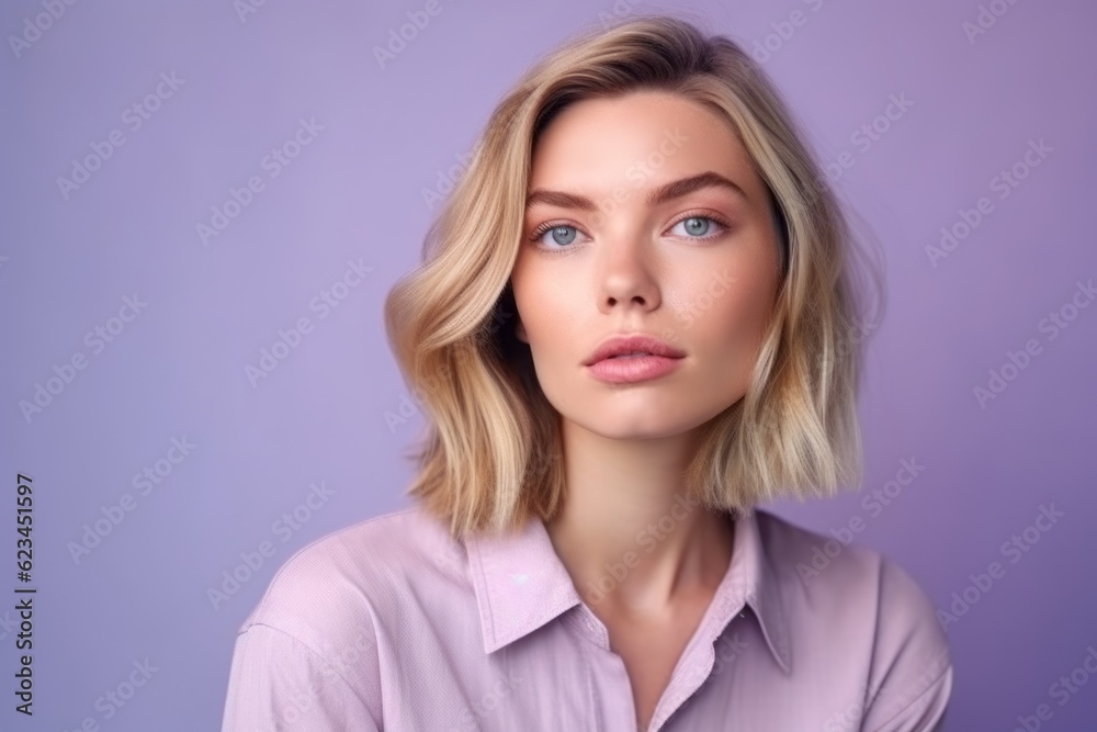 Photography in the style of pensive portraiture of a glad girl in her 30s wearing a casual short-sleeve shirt against a lilac purple background. With generative AI technology Photography in the style of pensive portraiture of a glad girl in her 30s wearing a casual short-sleeve shirt against a lilac purple background. With generative AI technology